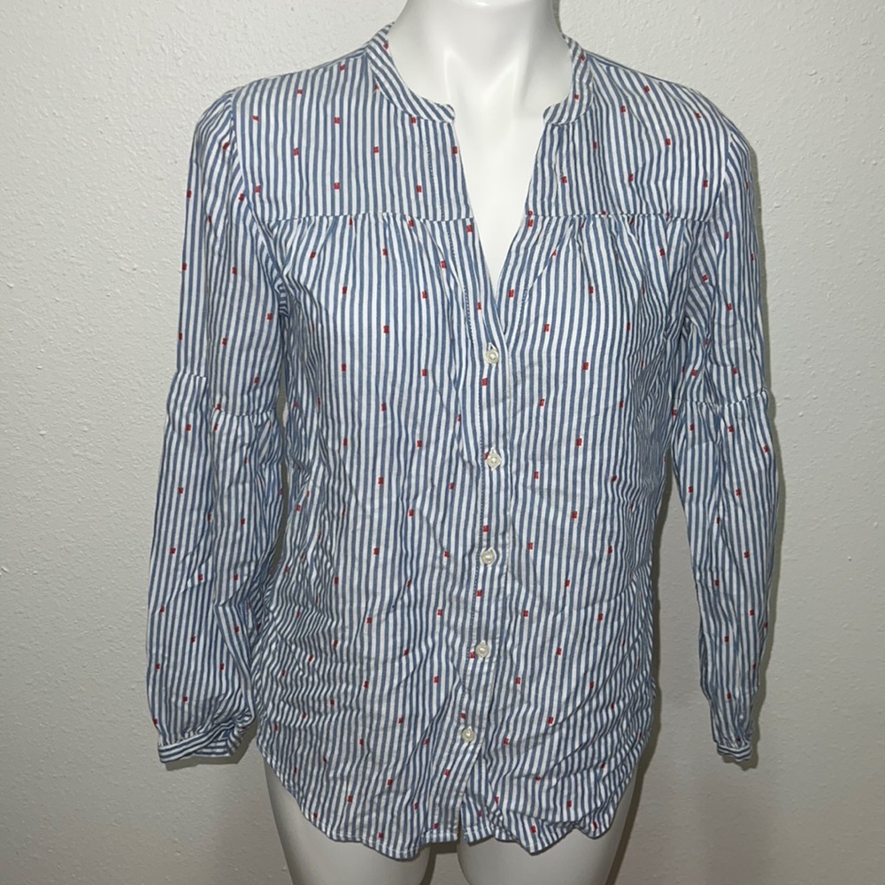 Women's Old Navy Button Up Blouse Striped Blue White Cotton Sz S